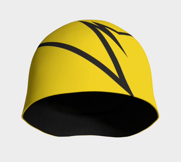 Front view of Lalita's Art Shop Broken line Grow-with-me beanie is the perfect hat to wear season after season and under your helmet. This Yellow and black tuque is breathable with its bamboo lining and super comfortable