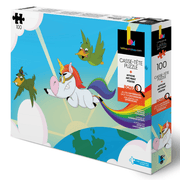 100 pieces puzzle for children illustrating a rainbow unicorn by professionnal artist kevin bouchard
