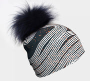 Dark Steel Beanie with detachable navy pompom. Beautifull dark grey color with an abstract white and orange pattern. 