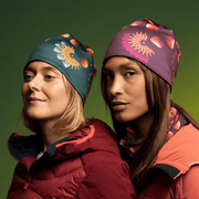 Women wearing Zaire's Green and Red Sunflowers Beanies for the Lalita's Art Shop 24 collection