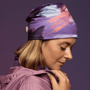Sportive woman wearing the Lilac Purple and Pink Tulips Beanie by Catherine Parent for the Lalita's Art Shop 24 collection